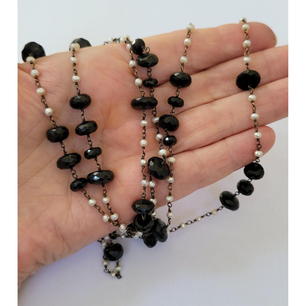 MLD India 925 Sterling Silver Black Gemstone & White Seed Pearl Necklace, 38”